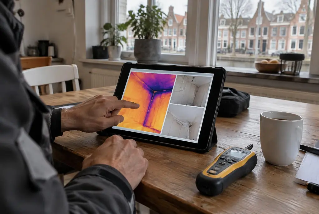 Lekdetectie Pijnacker – lekdetectierapport met warmtebeelden en foto's op een tablet