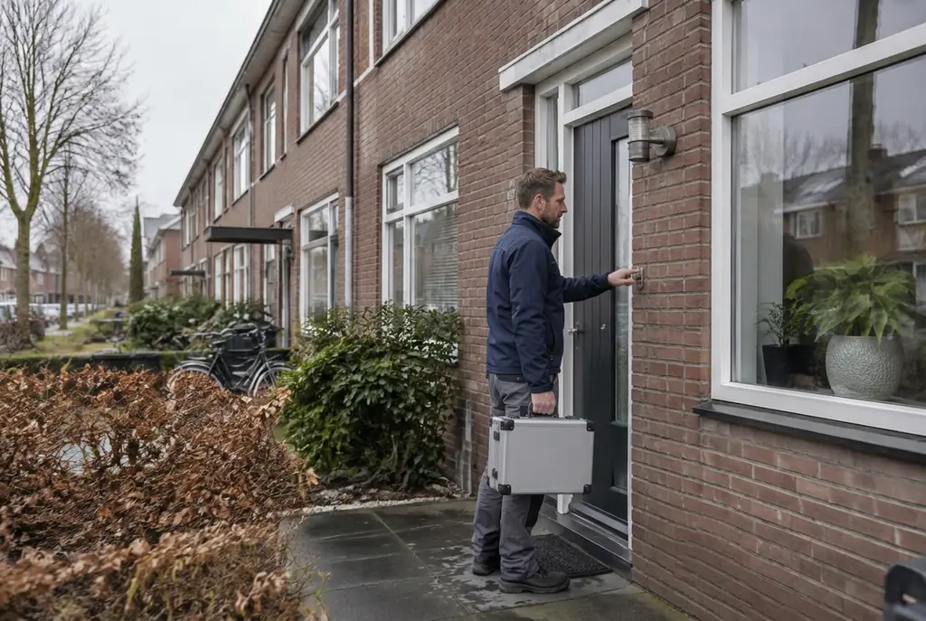 Lekdetectiespecialist met meetkoffer bij de voordeur van een woning in Pijnacker